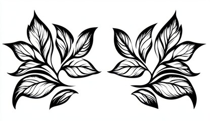 Poster - Black and white illustration of two symmetrical leaf clusters. Detailed linework depicts leaves and stems. Simple, elegant design suitable for