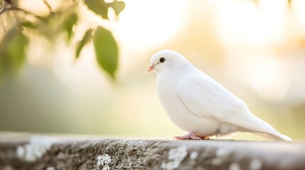 Aufkleber - Elegant white dove perched on stone with soft bokeh background illuminated by sunlight : Generative AI