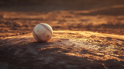 A closeup of a baseball resting on the green grass of a baseball field under clear blue skies