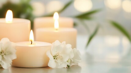 Aufkleber - Serene candles in soft focus with white flowers creating a calming atmosphere for relaxation and ambiance : Generative AI