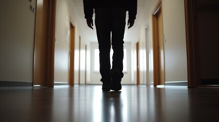 Aufkleber - Silhouetted Figure Walking Down a Long Empty Hallway in Soft Light : Generative AI