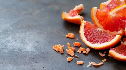 Poster - Vibrant Fresh Blood Orange Segments and Zesty Peel on Dark Surface : Generative AI