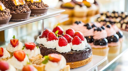 Poster - Delectable Assortment of Tempting Pastries and Cakes Displayed in a Bright Bakery Showcase : Generative AI