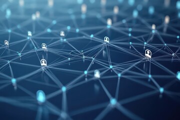 Poster - Connecting digital networks with icons on blue background enhancing online security and communication, network of connections with icons on blue background
