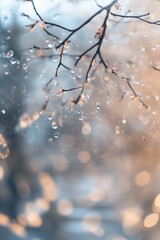Poster - Beautiful nature scene of branches with raindrops and blurred background capturing the essence of a rainy day : Generative AI