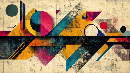 Aufkleber - An artistic composition of colorful graphic elements, including vector shapes, lines, and icons, layered on a textured background, showcasing creativity