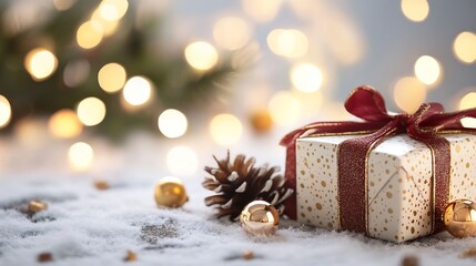 Poster - Festive Holiday Gift Wrapped with Ribbon Surrounded by Bokeh Lights and Pinecones : Generative AI