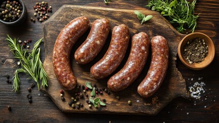 Leinwandbilder - An artistic composition of raw sausages neatly arranged on a rustic wooden surface, with seasonings and herbs scattered around, emphasizing the preparation process