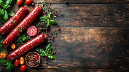 Leinwandbilder - An artistic composition of raw sausages neatly arranged on a rustic wooden surface, with seasonings and herbs scattered around, emphasizing the preparation process