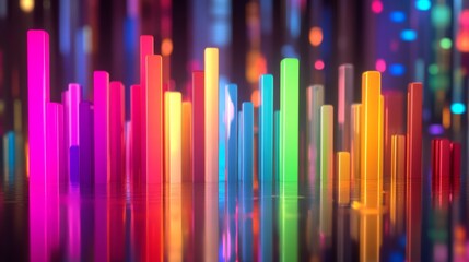 Leinwandbilder - A D bar graph with tall, glossy pillars in various colors rising from a reflective surface, symbolizing financial growth and performance analysis