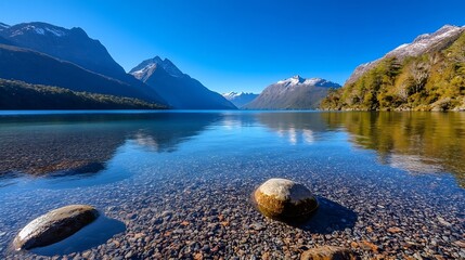 Poster - Pristine Mountain Lake Reflecting Snowy Peaks and Clear Blue Skies : Generative AI