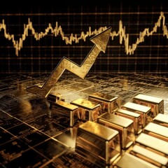 Poster - A D golden arrow spiraling upward over a financial stock chart with gold bars