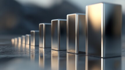 Poster - A D stacked bar chart with metallic bars in ascending order, placed on a reflective surface, highlighting financial progress in a clean, minimalist design
