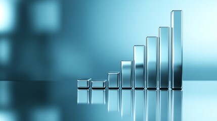 Poster - A D stacked bar chart with metallic bars in ascending order, placed on a reflective surface, highlighting financial progress in a clean, minimalist design