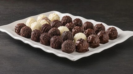 Poster - A beautifully arranged plate of assorted chocolate truffles, showcasing different textures and flavors, set against a dark, elegant background
