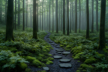 Canvas Print - Misty Forest Path With Stone Pathway