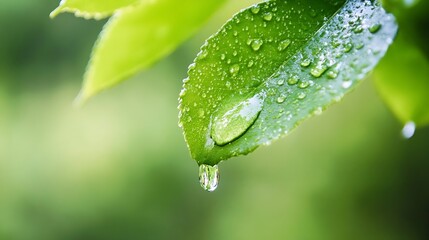 Poster - Dewy Green Leaf with Raindrops Reflecting Freshness and Vibrance in Nature : Generative AI