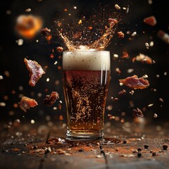 Leinwandbilder - Amber Ale in Motion: A Culinary Harmony of Beer, Bacon, and Spices Unveiling on a Rustic Wood Surface.