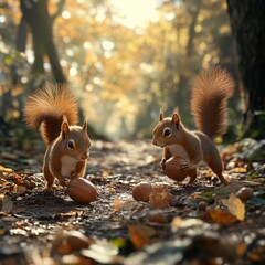 Poster - Autumn Bounty: Two Squirrels Gathering Nuts on a Forest Trail, Lit by Warm Sunlight