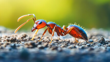 Poster - A close-up of a worker ant on a rough surface, capturing the texture of its body and the surface details, surrounded by tiny grains of dirt