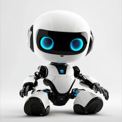 Poster - Cute Little Robot Sitting Down with Glowing Blue Eyes on a White Background - Futuristic AI Companion