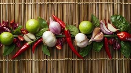 Poster - A creative arrangement of shallots, chilies, and lime on a bamboo mat, emphasizing fresh ingredients for cooking in a vibrant and colorful composition