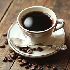 Poster - A cup of black coffee with a silver spoon resting on the saucer, coffee beans scattered nearby