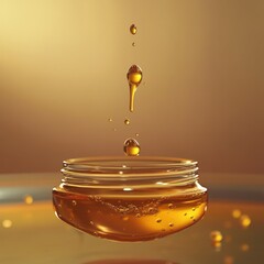 Leinwandbilder - Golden Elixir: A Viscous Liquid Pouring into a Transparent Glass Jar with Bubbles, a Study in Textures and Light.