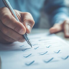 Poster - Hand with a pen is marking check boxes on a list, completing tasks, finalizing work and keeping organized, business task management