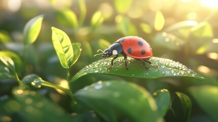 Poster - A detailed image of a ladybug crawling on a green leaf, with droplets of water glistening in the sunlight, creating a fresh and natural atmosphere