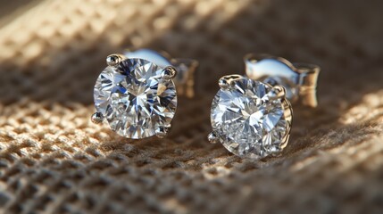 Leinwandbilder - A detailed macro view of a pair of classic diamond earrings resting on a textured surface, with soft shadows enhancing the depth and dimension