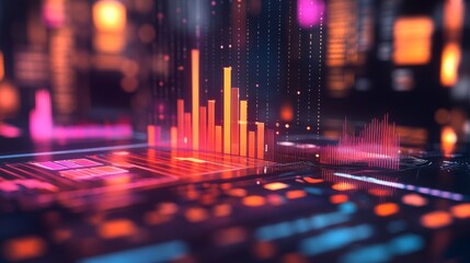 Poster - A dynamic D bar chart with translucent bars in different heights, hovering over a futuristic financial dashboard with glowing elements