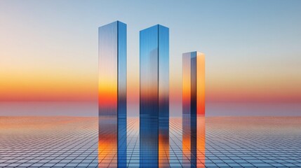 Aufkleber - A dynamic bar graph with tall, shiny bars in blue and orange, standing on a reflective grid, symbolizing financial success and economic performance