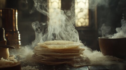 Poster - A dynamic shot of freshly made dosas stacked high, served with coconut chutney and sambar on the side, emphasizing the textures and flavors of this popular South Indian dish