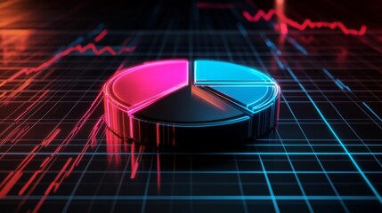 Fototapete - A futuristic D pie chart with floating segments, each glowing with neon lights, set against a dark grid background, representing financial data visualization