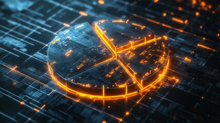 Fototapete - A futuristic D pie chart with floating segments, each glowing with neon lights, set against a dark grid background, representing financial data visualization
