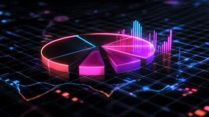 Fototapete - A futuristic D pie chart with floating segments, each glowing with neon lights, set against a dark grid background, representing financial data visualization