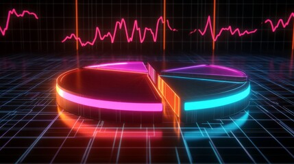 Fototapete - A futuristic D pie chart with floating segments, each glowing with neon lights, set against a dark grid background, representing financial data visualization