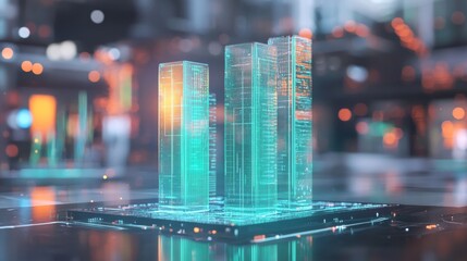 Aufkleber - A futuristic bar graph with transparent bars glowing in shades of blue and green, hovering above a reflective surface, symbolizing financial trends