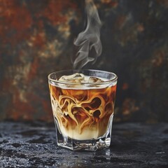 Poster - A glass of iced coffee with milk swirling inside, condensation forming on the glass