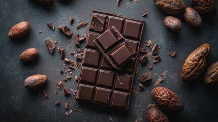Poster - A high-angle view of a chocolate bar broken into pieces, with whole cocoa beans and cocoa pods artfully placed around it for contrast