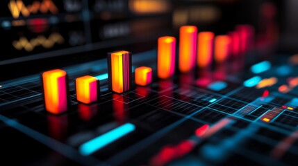 Poster - A high-tech D bar chart with luminous bars arranged in a smooth, upward trend, set against a dark, futuristic financial dashboard