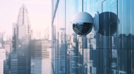 Poster - A high-tech CCTV camera mounted on a glass faade of a modern office building, reflecting the cityscape in the background