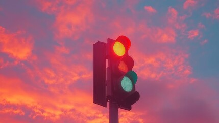 Poster - A low-angle shot of a traffic light against a vibrant sunset sky, with the light casting long shadows on the ground, creating a dramatic and colorful scene