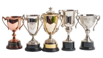 a collection of trophy cups for the first three winners. gold, silver, bronze, and copper prize cup 