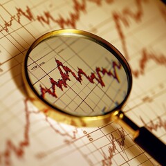 Poster - A magnifying glass focusing on a fluctuating stock price graph with financial numbers