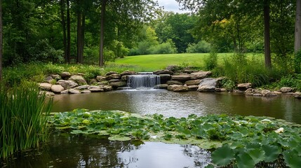 Aufkleber - Serene Waterfall Surrounded by Lush Greenery in Peaceful Park Setting : Generative AI