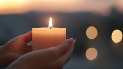 Aufkleber - Tranquil scene of a person holding a lit candle softly glowing against a blurred background at dusk : Generative AI
