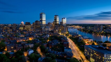 Poster - Stunning Aerial View of Boston Skyline at Dusk with City Lights Reflected on Water : Generative AI