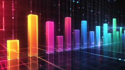 Poster - A row of vibrant, glass-like bars in a financial bar chart, with each bar glowing softly against a sleek, dark grid background, representing economic growth
